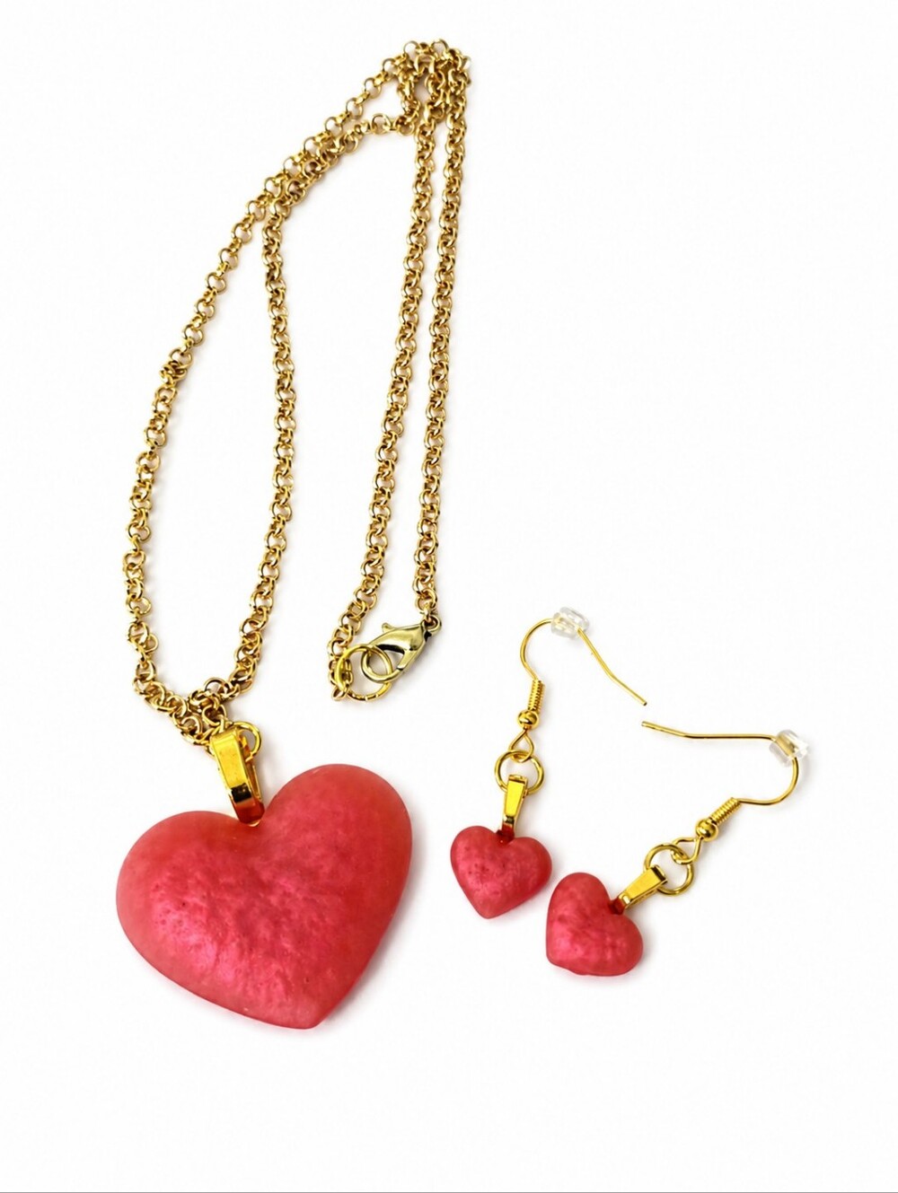 Handmade Pinkish Red Heart Necklace & Earrings Set Gold Tone 18" Chain Romantic